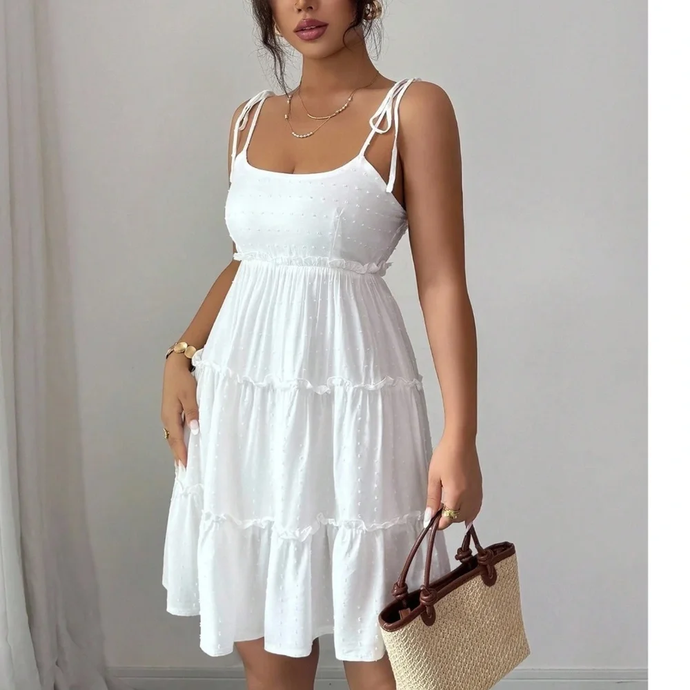 Swiss Dot Shoulder Tie Ruffle Hem Mini Dress - Picture 5 of 8